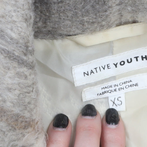 Native Youth Women Beige Checked Wool Cropped Bomber Jacket XS