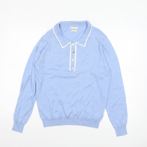 Munrospun Women's Light Blue Collared Henley Jumper M Cotton Cashmere