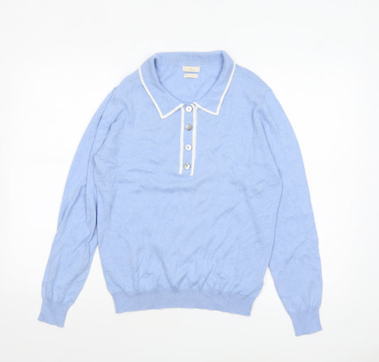 Munrospun Women's Light Blue Collared Henley Jumper M Cotton Cashmere