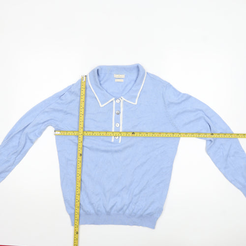 Munrospun Women's Light Blue Collared Henley Jumper M Cotton Cashmere