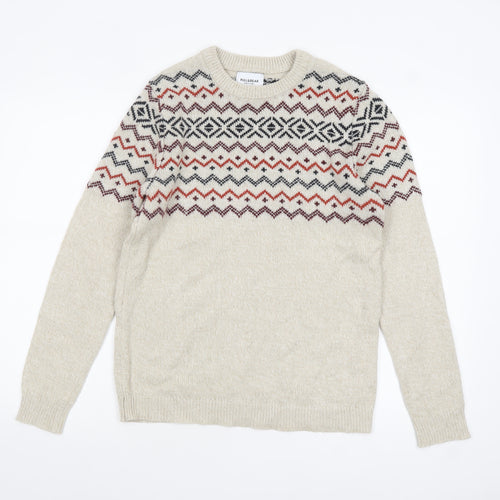Pull&Bear Men's Beige Fair Isle Knit Jumper Size S