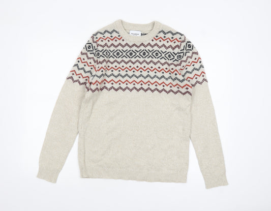 Pull&Bear Men's Beige Fair Isle Knit Jumper Size S