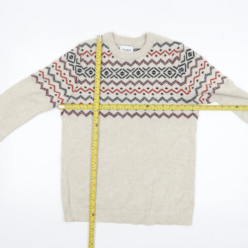 Pull&Bear Men's Beige Fair Isle Knit Jumper Size S