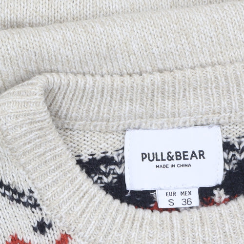 Pull&Bear Men's Beige Fair Isle Knit Jumper Size S