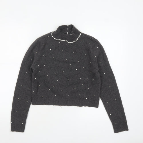 Zara Women Grey Beaded Mock Neck Long Sleeve Knit Jumper S
