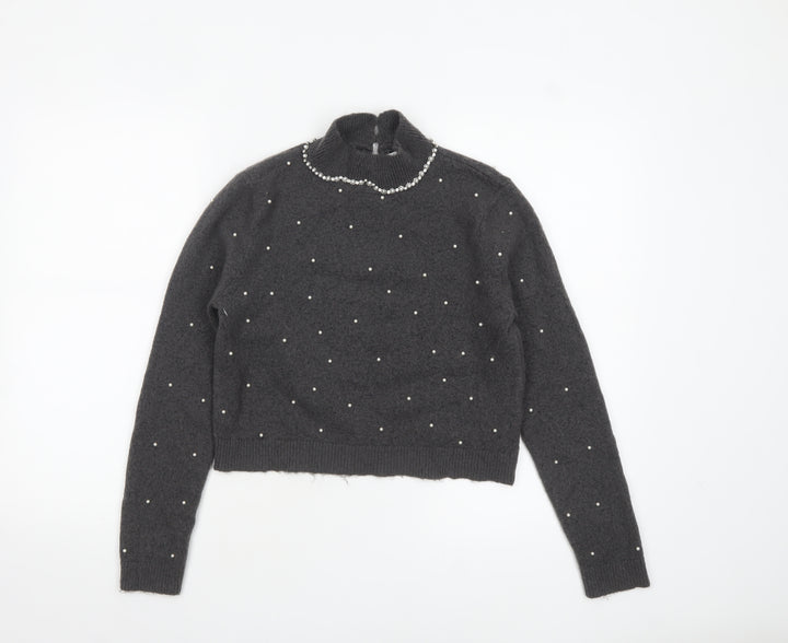 Zara Women Grey Beaded Mock Neck Long Sleeve Knit Jumper S