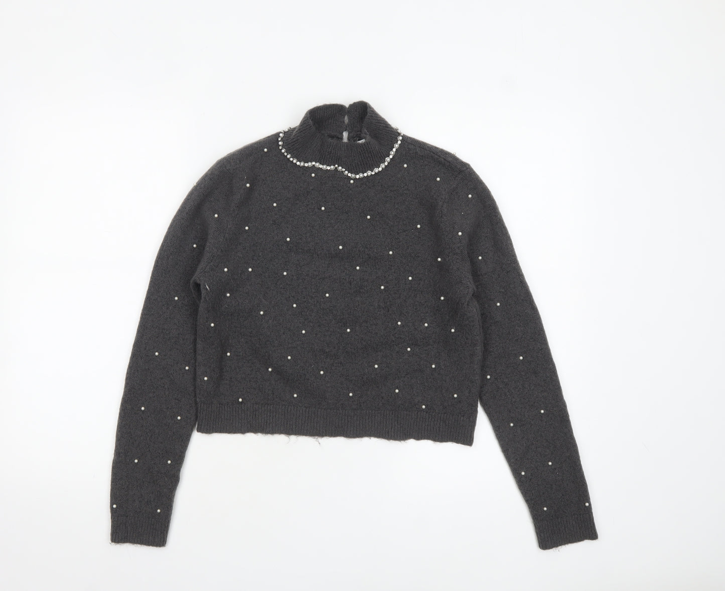 Zara Women Grey Beaded Mock Neck Long Sleeve Knit Jumper S