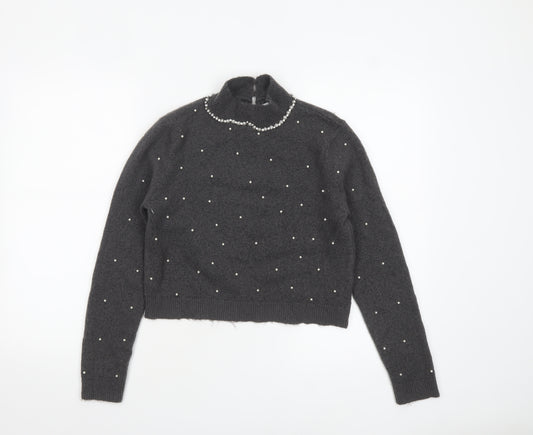 Zara Women Grey Beaded Mock Neck Long Sleeve Knit Jumper S
