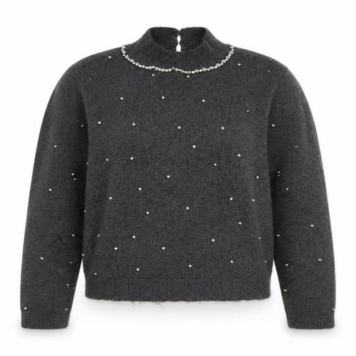 Zara Women Grey Beaded Mock Neck Long Sleeve Knit Jumper S
