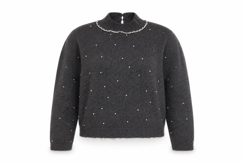 Zara Women Grey Beaded Mock Neck Long Sleeve Knit Jumper S