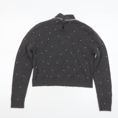 Zara Women Grey Beaded Mock Neck Long Sleeve Knit Jumper S