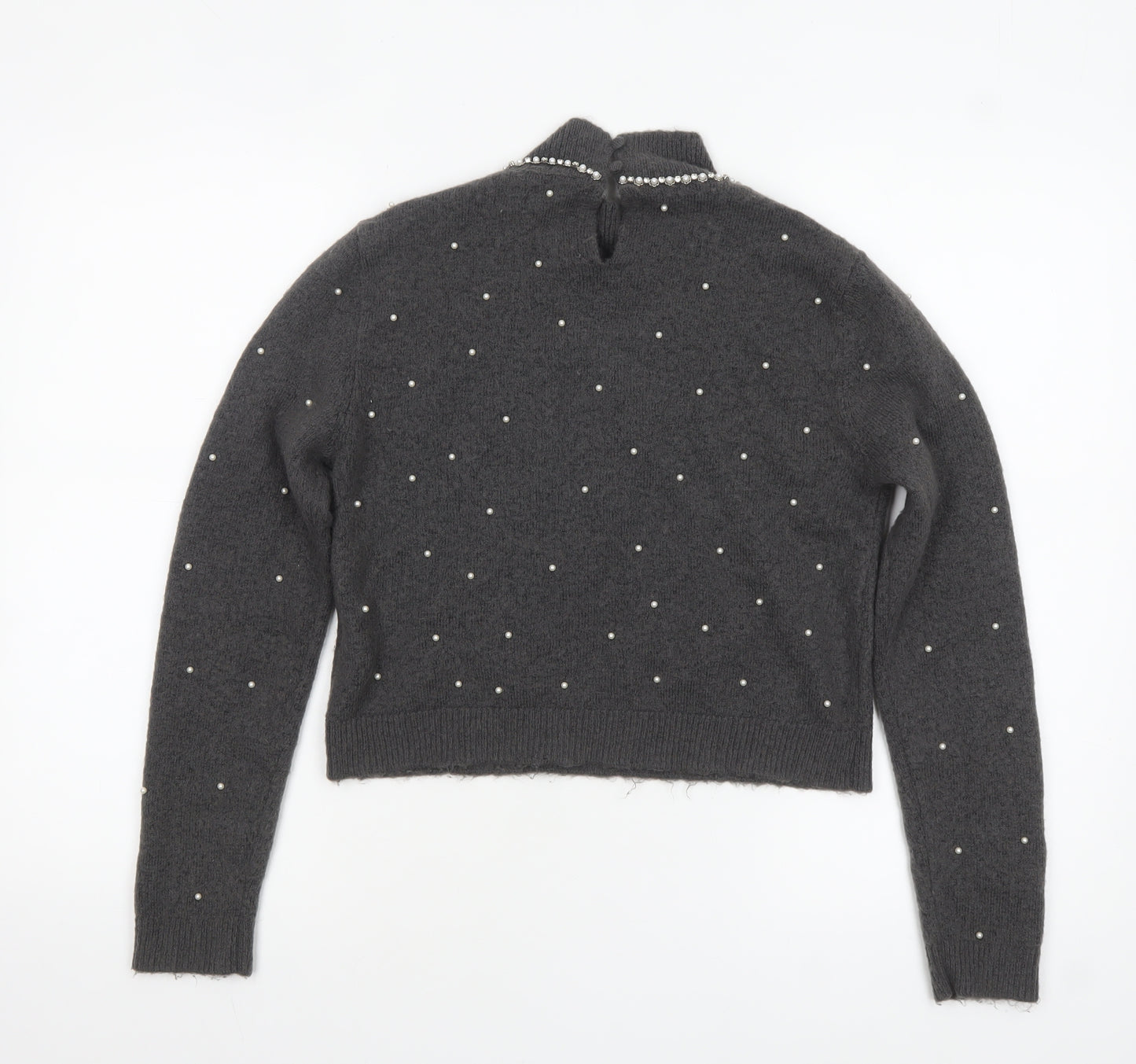 Zara Women Grey Beaded Mock Neck Long Sleeve Knit Jumper S