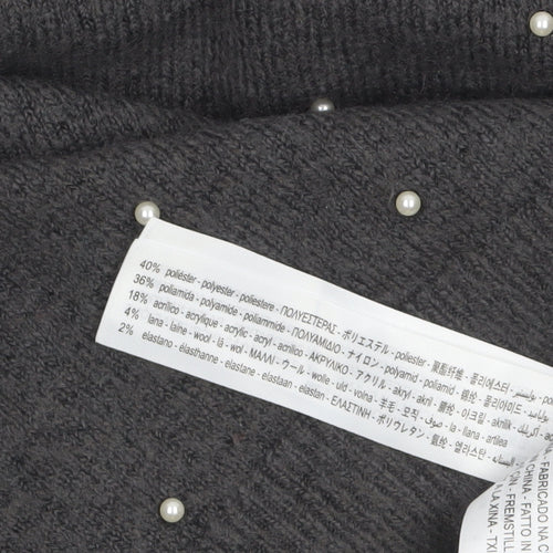 Zara Women Grey Beaded Mock Neck Long Sleeve Knit Jumper S