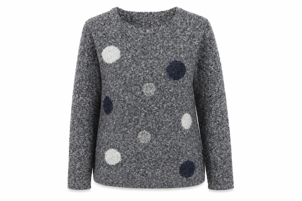 Front view of Mudflower women’s grey polka dot chunky knit jumper s long sleeve