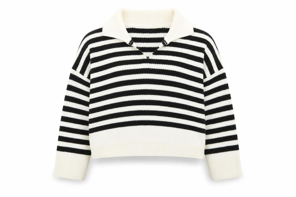 Front view of Topshop Women's Black White Striped Collared Knit Jumper, size S
