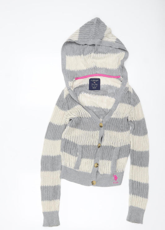 U.S. Polo Assn. Women’s Grey Striped Hooded Knit Cardigan S