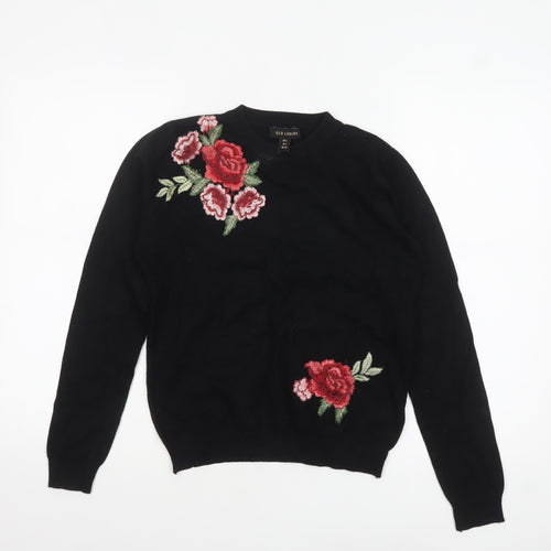 QED London Women's Black Floral Embroidered Knit Jumper Size S