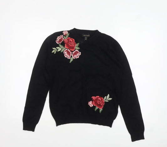 QED London Women's Black Floral Embroidered Knit Jumper Size S