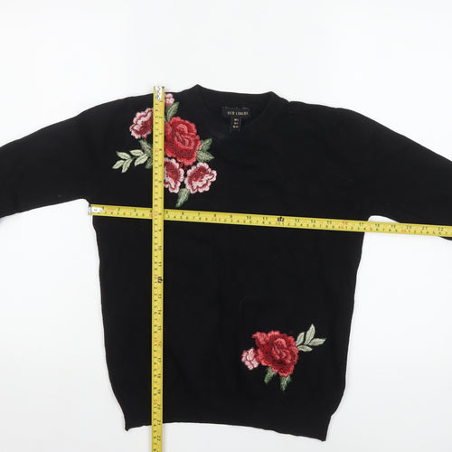QED London Women's Black Floral Embroidered Knit Jumper Size S