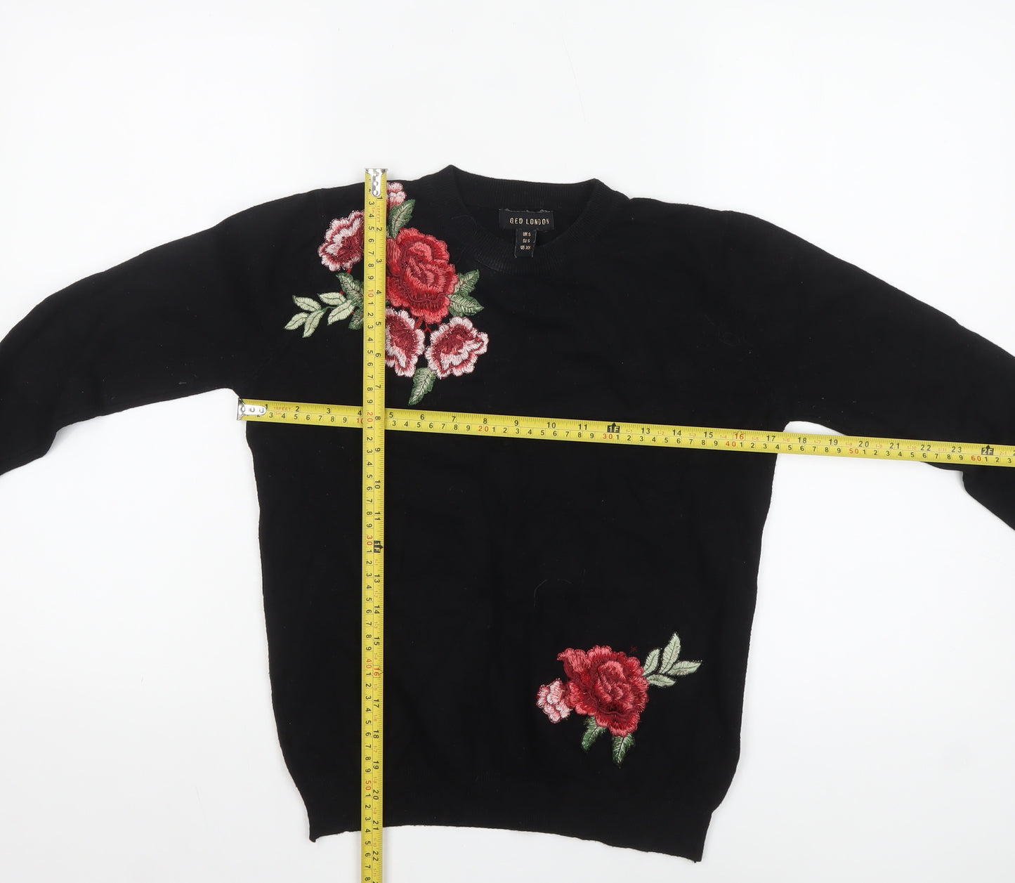 QED London Women's Black Floral Embroidered Knit Jumper Size S