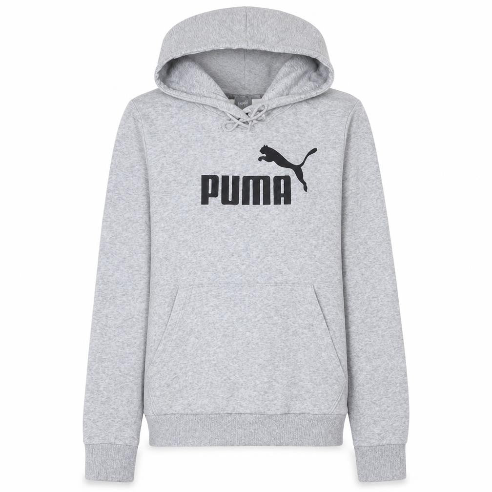 Front view of Puma women’s grey hooded pullover sweatshirt, size UK 12, m logo hoodie