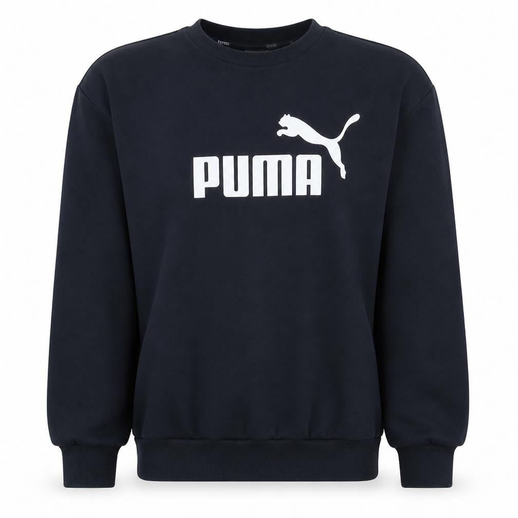 Front view of Puma women’s black crew neck pullover sweatshirt, size UK 10