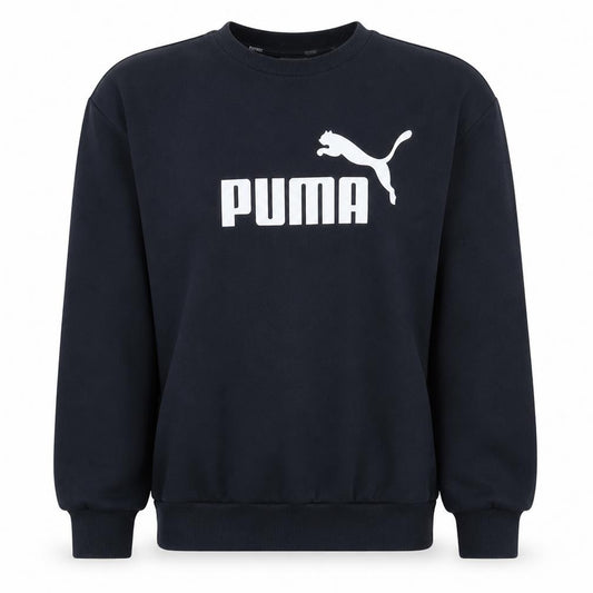 Front view of Puma women’s black crew neck pullover sweatshirt, size UK 10
