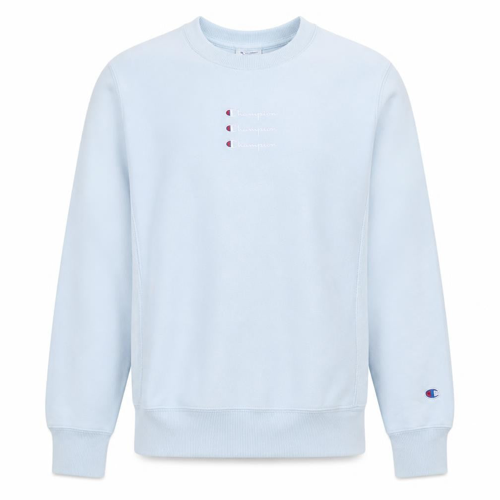 Front view of Champion Men's Blue Reverse Weave Sweatshirt, size S, Classic Crew Neck