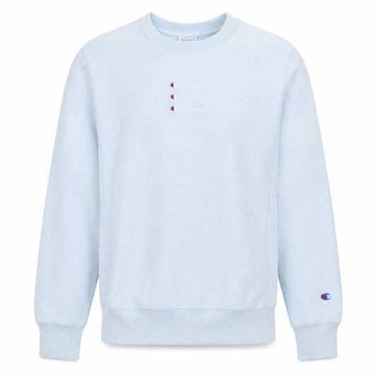 Front view of Champion Men's Blue Reverse Weave Sweatshirt, size S, Classic Crew Neck