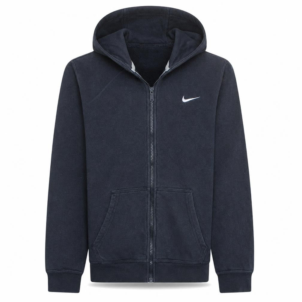 Front view of Nike Men Blue Full Zip Hoodie S Regular Fleece Cotton Blend