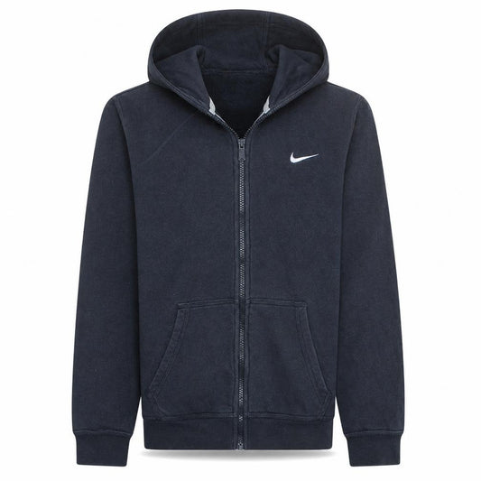 Front view of Nike Men Blue Full Zip Hoodie S Regular Fleece Cotton Blend
