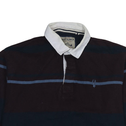 Next Mens Navy Burgundy Striped Long Sleeve Polo L Cotton Rugby Top