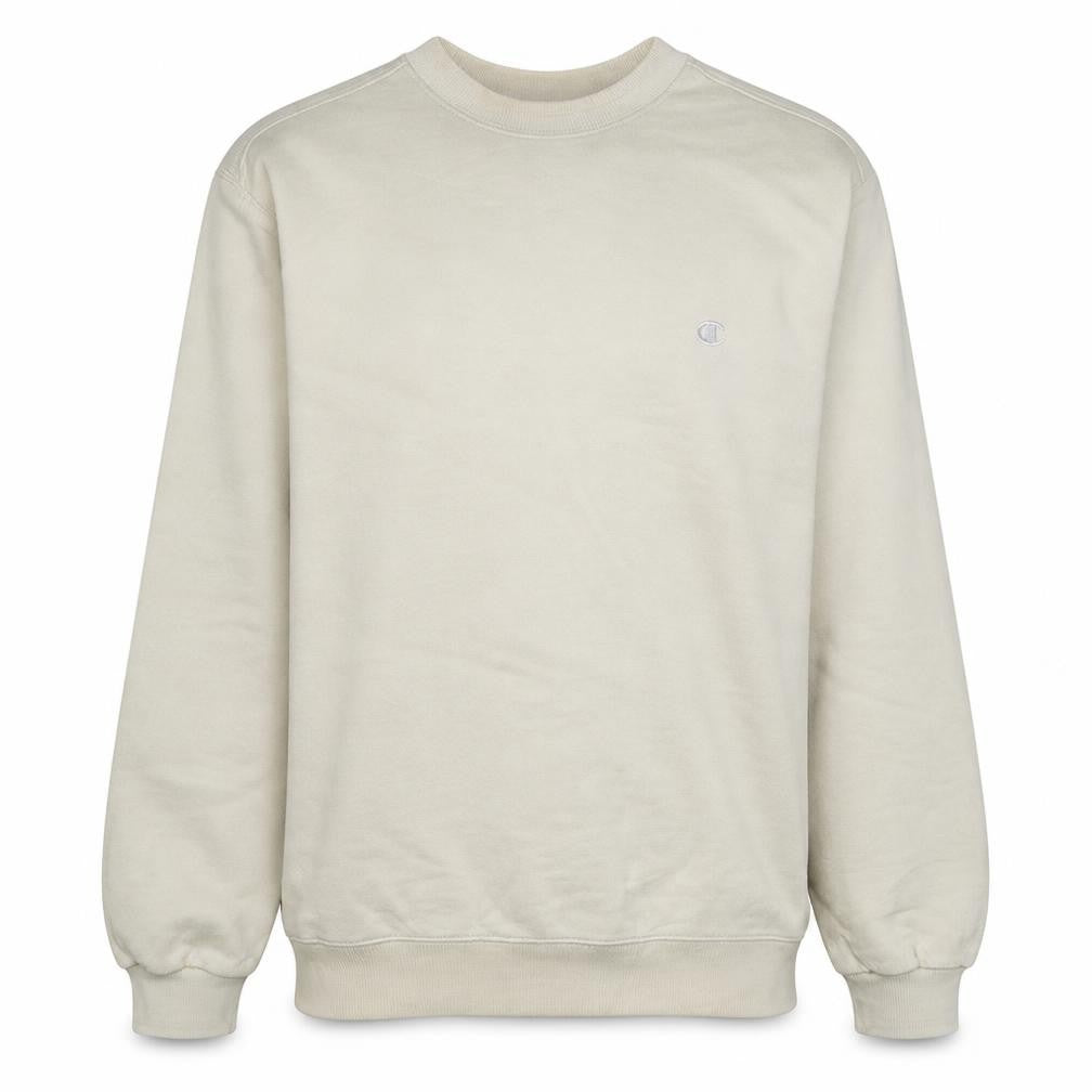Front view of Champion Men's Beige Crew Neck Pullover Sweatshirt, size L