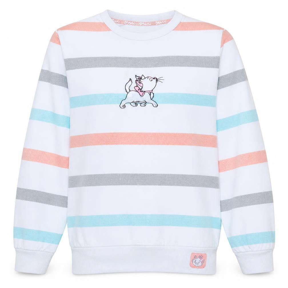 Front view of Disney Women White Striped Marie Cat Sweatshirt, size S