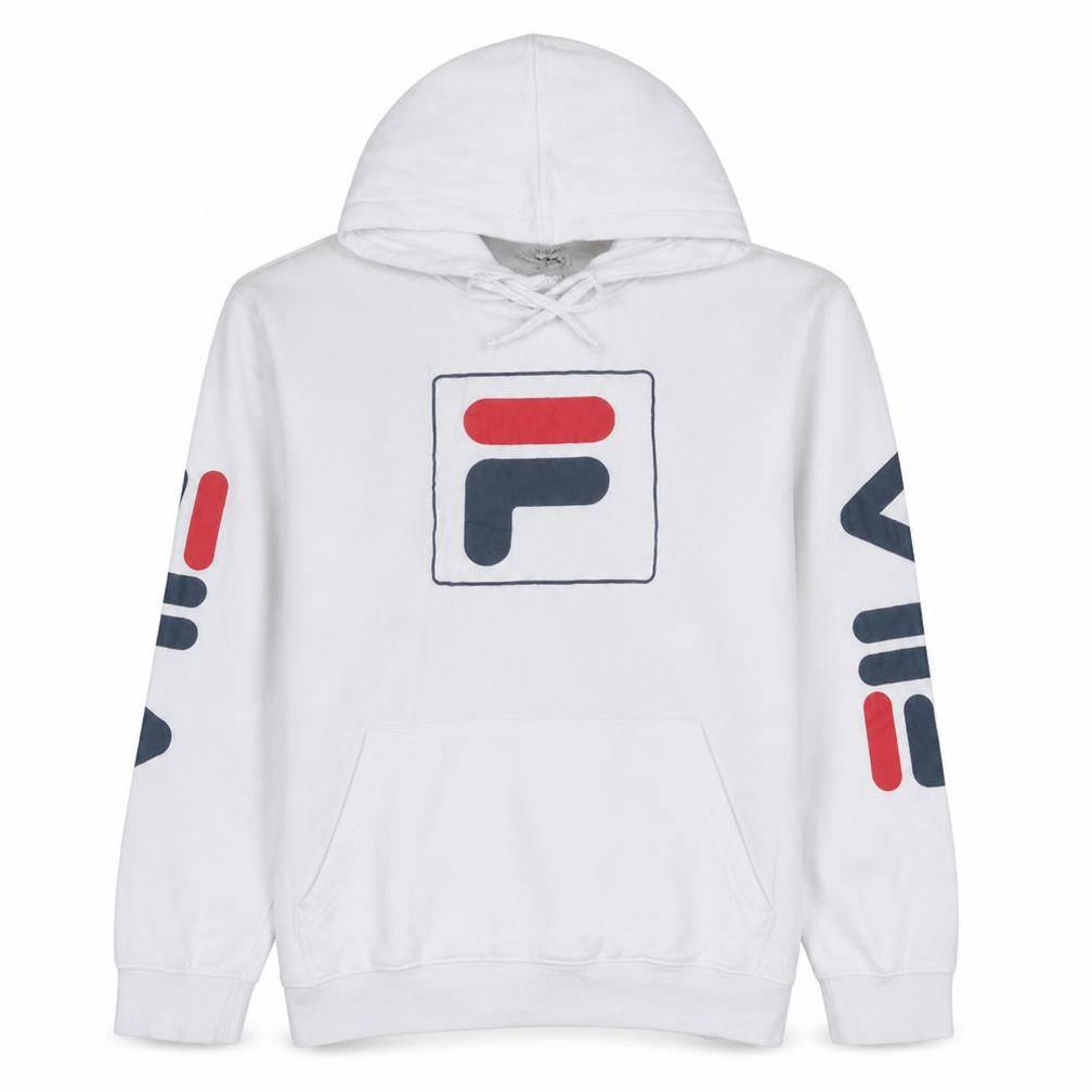 Front view of Fila Men's White Pullover Hoodie Medium Logo Graphic Cotton Blend