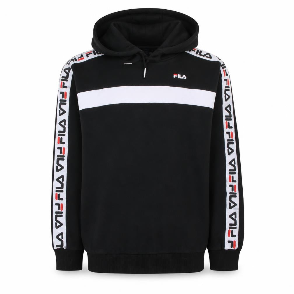 Front view of Fila men’s black xs pullover hoodie logo sportswear