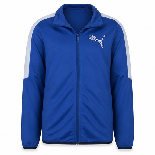 Front view of Puma boys’ blue 13-14 years track jacket full zip lightweight sports top