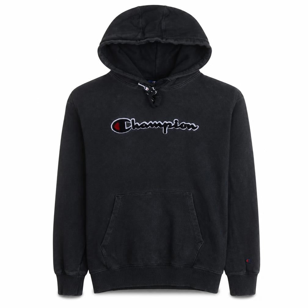 Front view of Champion Men's Black Pullover Hoodie, size S, Fleece Logo Sweatshirt
