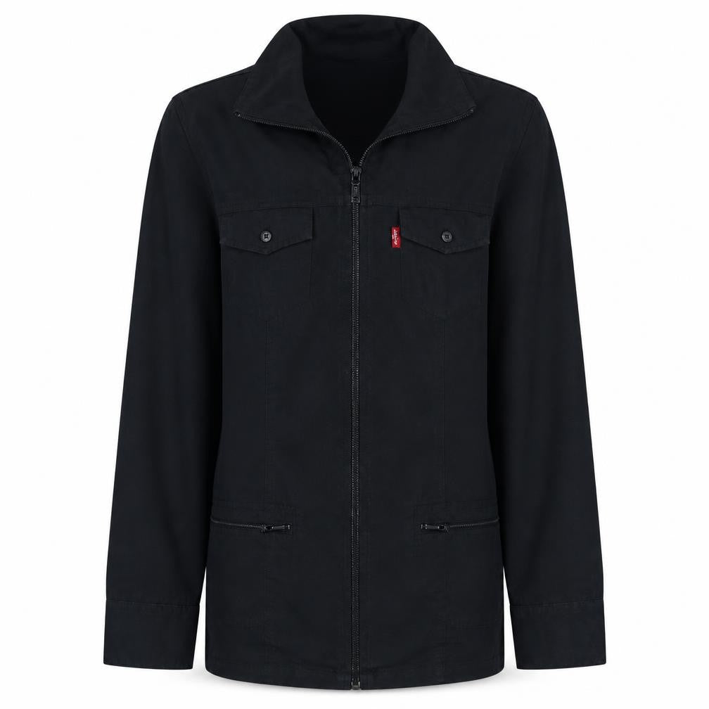 Front view of Levi's girls’ black cotton full zip mid-length jacket, size L