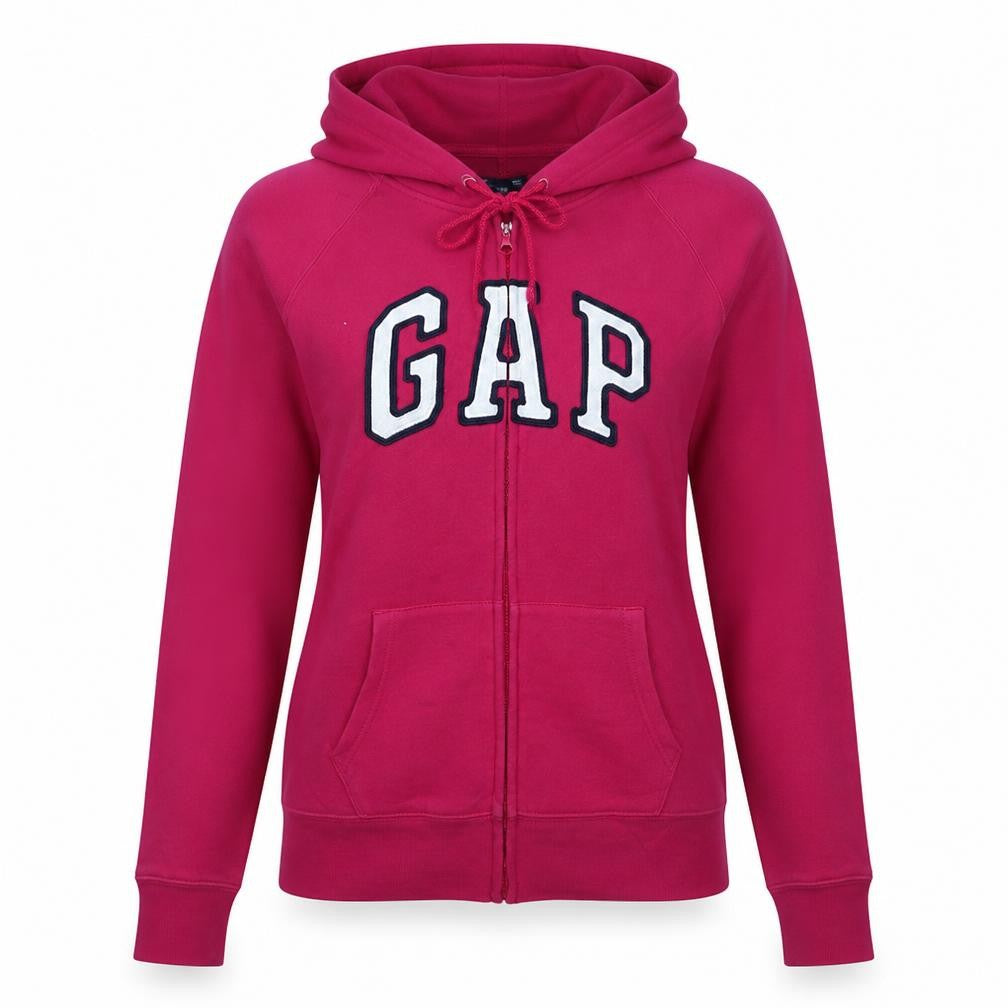 GAP Women Pink Full Zip Hoodie L Logo Embroidered Cotton Casual
