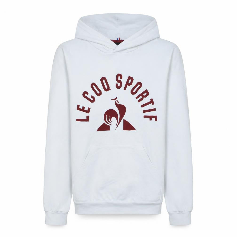 Front view of Le Coq Sportif Men's White Pullover Hoodie Small Graphic Print