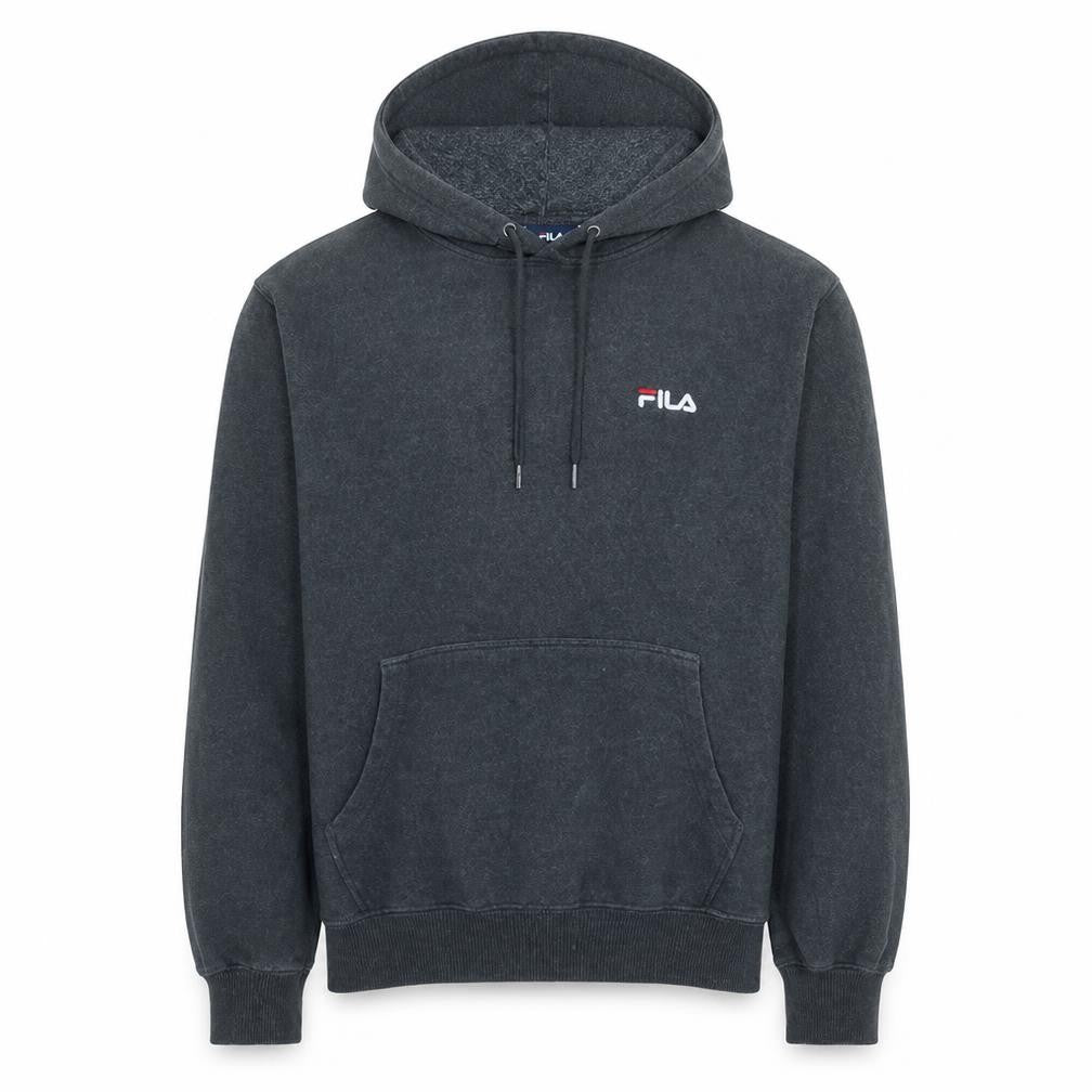 Front view of Fila Men's Black Pullover Hoodie, size S, Logo Fleece Sweatshirt