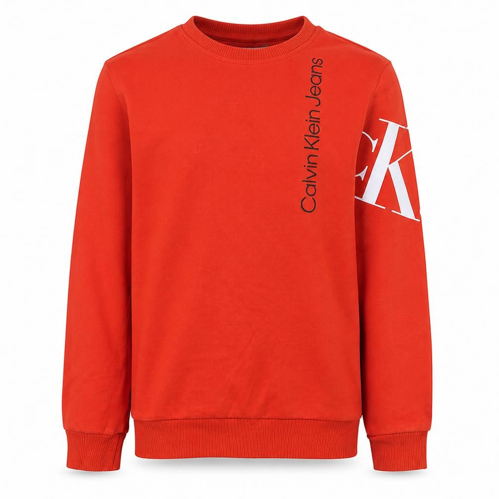 Front view of Calvin Klein Jeans Men's Red Crew Neck Logo Sweatshirt, size S