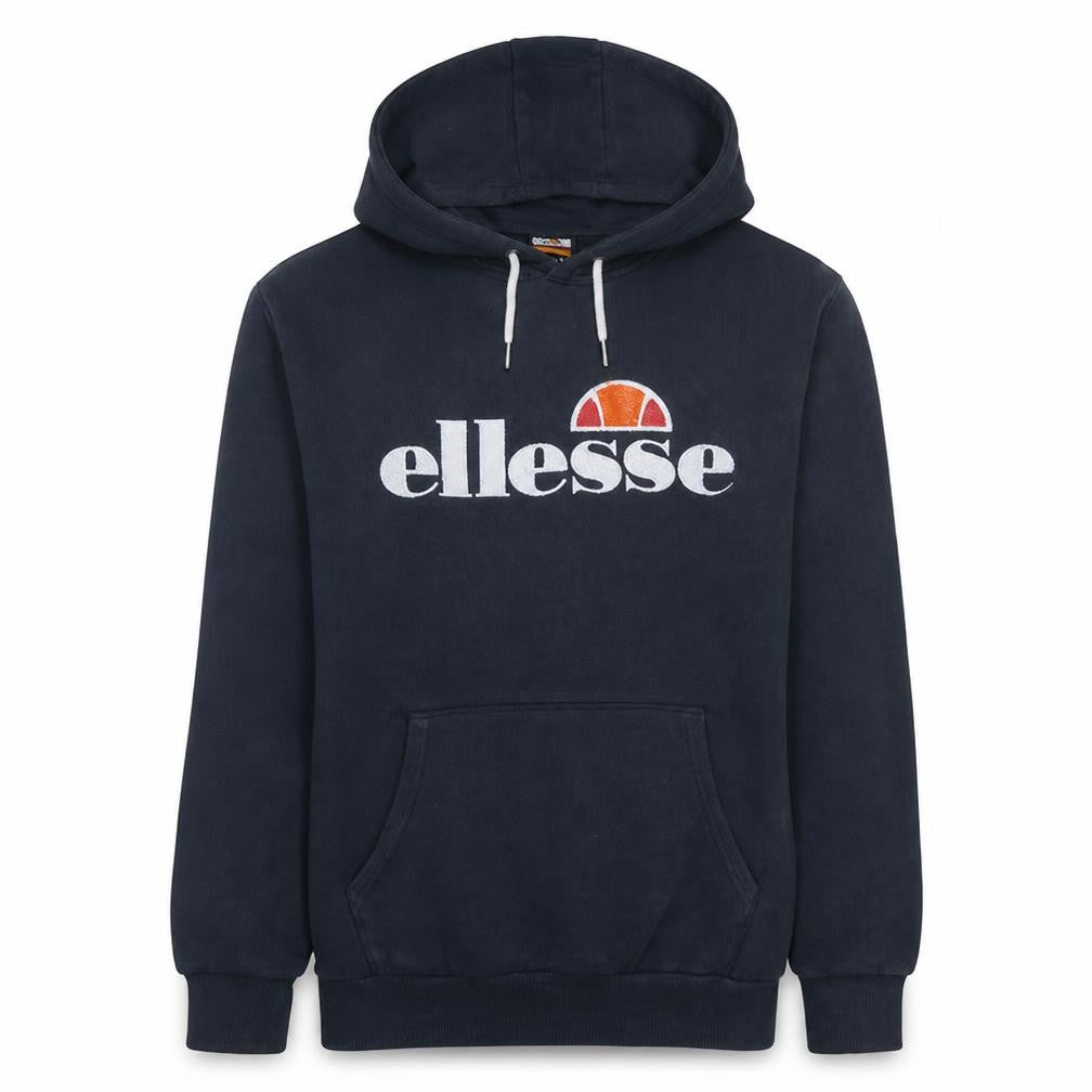 Front view of Ellesse women’s navy pullover hoodie uk 16 cotton blend logo print