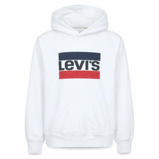 Front view of Levi's White Pullover Hoodie unisex adults xs logo fleece sweatshirt