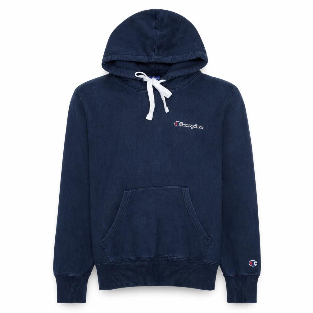 Front view of Champion Men's Blue Pullover Hoodie Medium Logo Cotton Fleece
