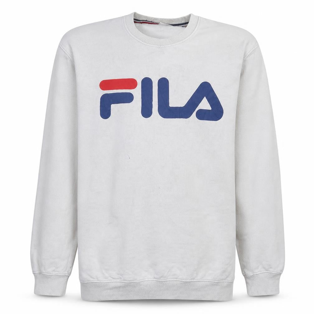Front view of Fila Men's White Pullover Sweatshirt Large Crew Neck Logo Sportswear