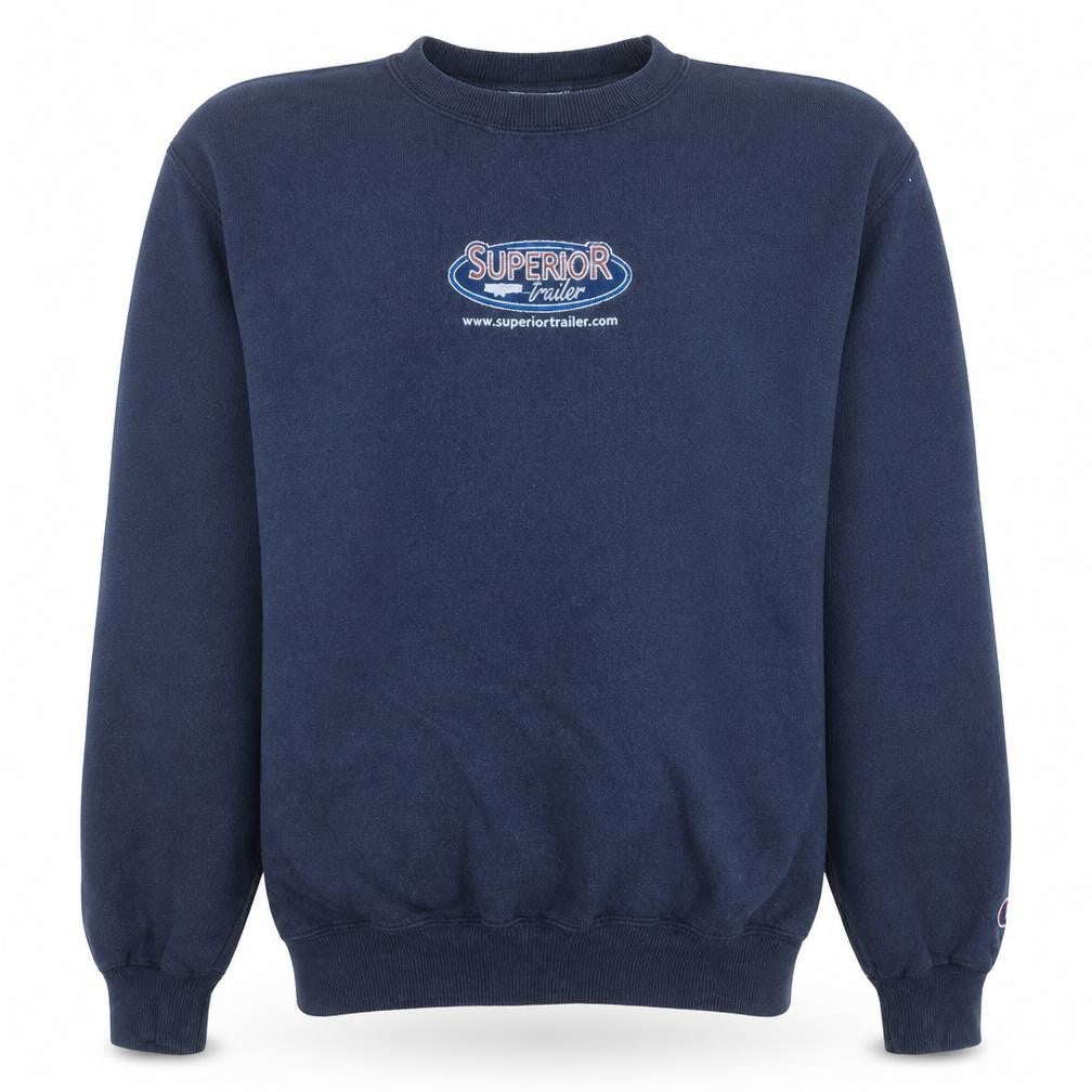 Front view of Champion Men's Navy Blue Crew Neck Sweatshirt M Graphic Print Pullover