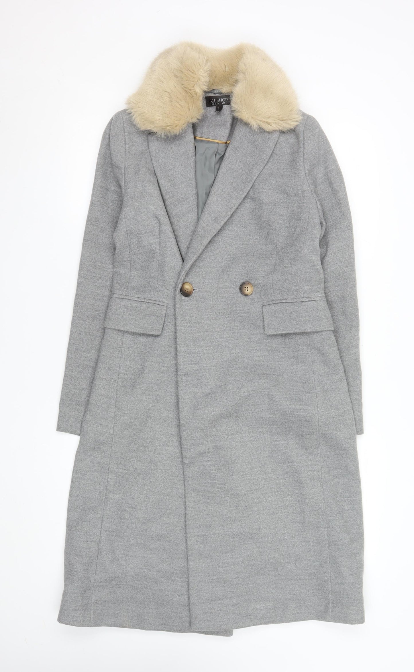 Topshop Womens Grey Faux Fur Collar Long Coat Size 6