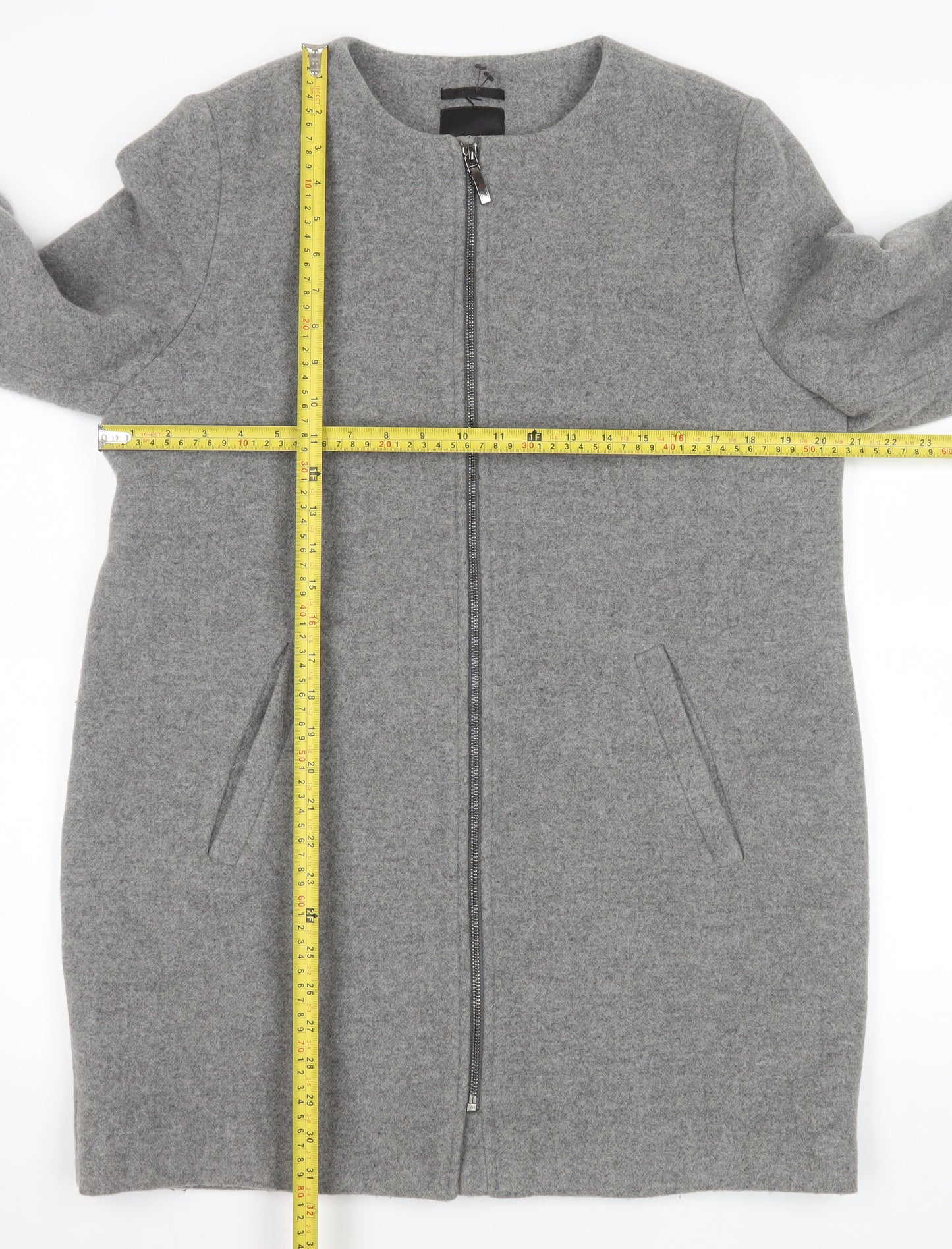 Next Women Grey Wool Blend Zip Front Mid-Length Coat Size 14